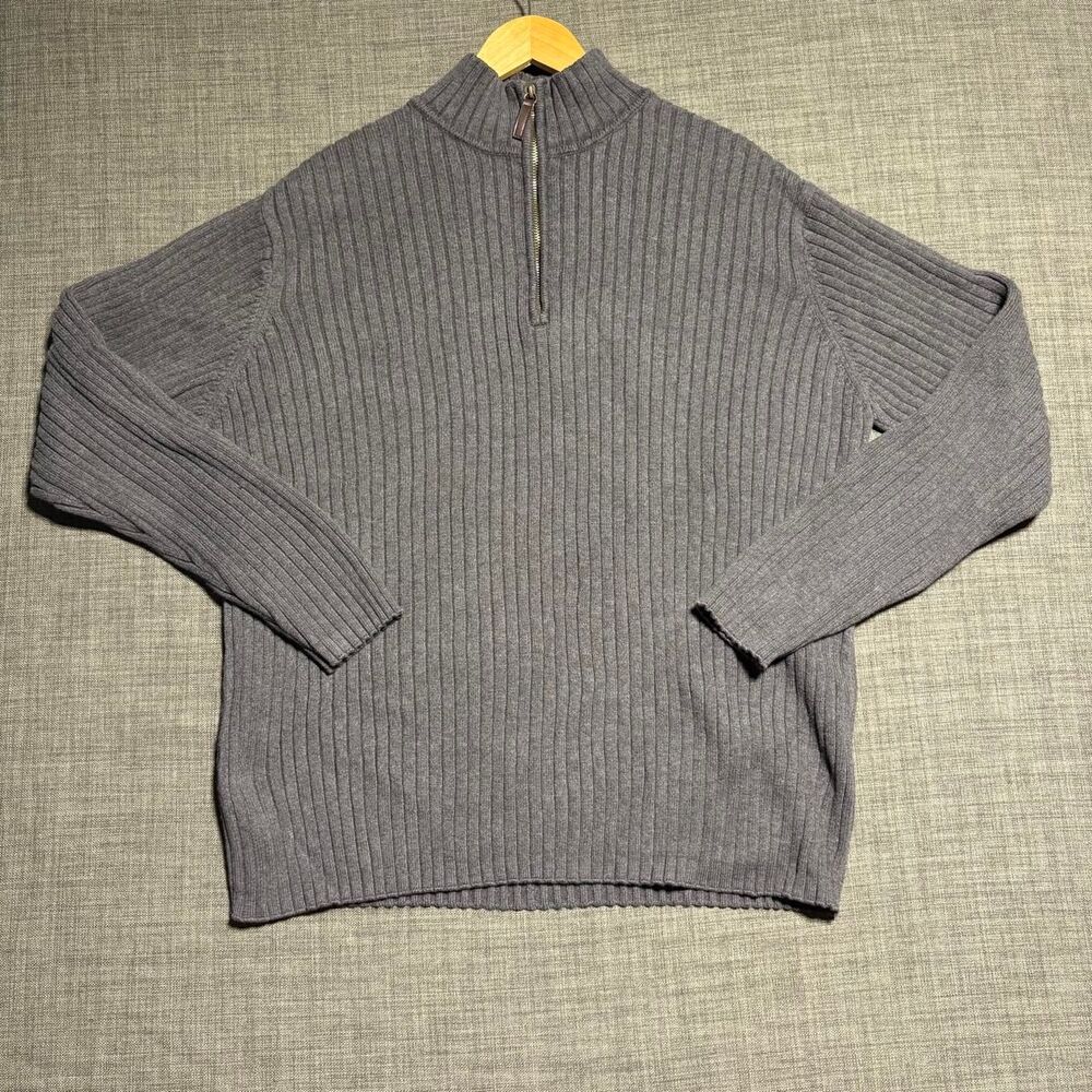 Mens Vintage Covington Gray Ribbed Knit Quarter Zip Cotton Sweater Size XXL
